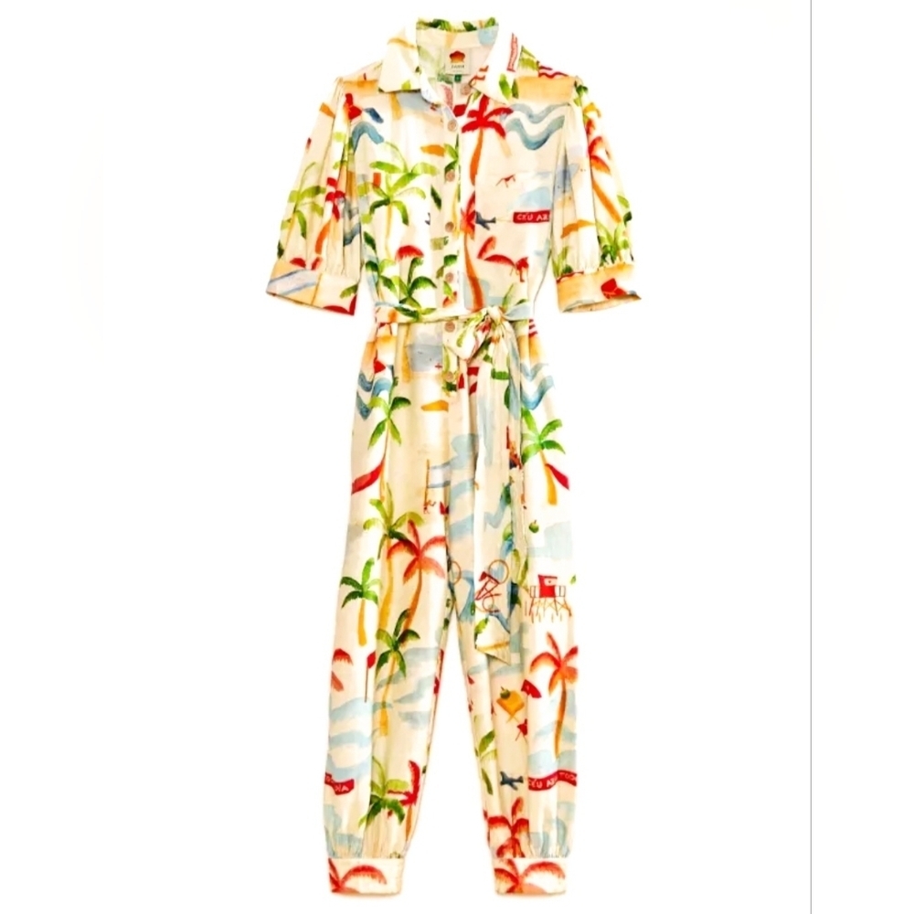 Farm Rio Anthropologie Sz Xs Copacabana Tropical Print Pocket Jumpsuit Belt - Picture 2 of 14